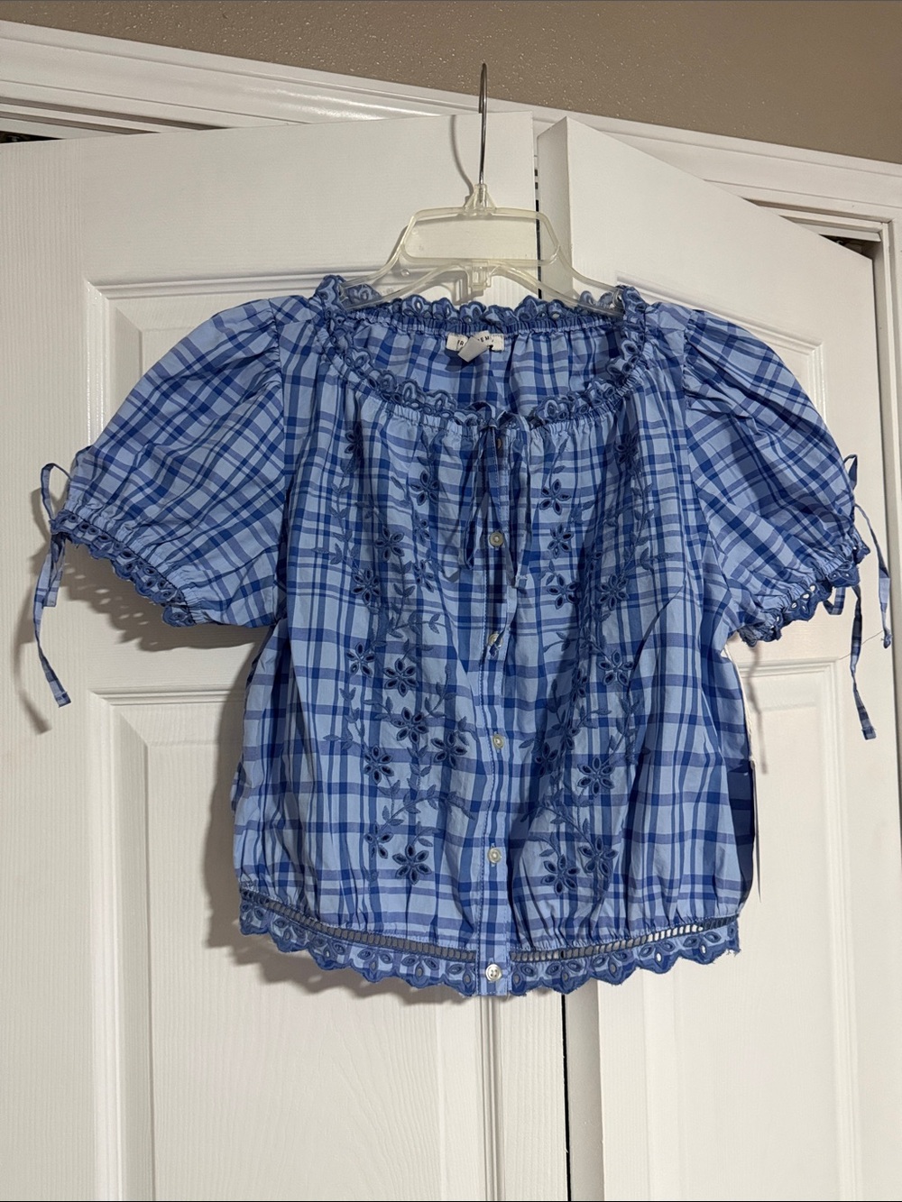 Blue Plaid Embroidered Peasant Top